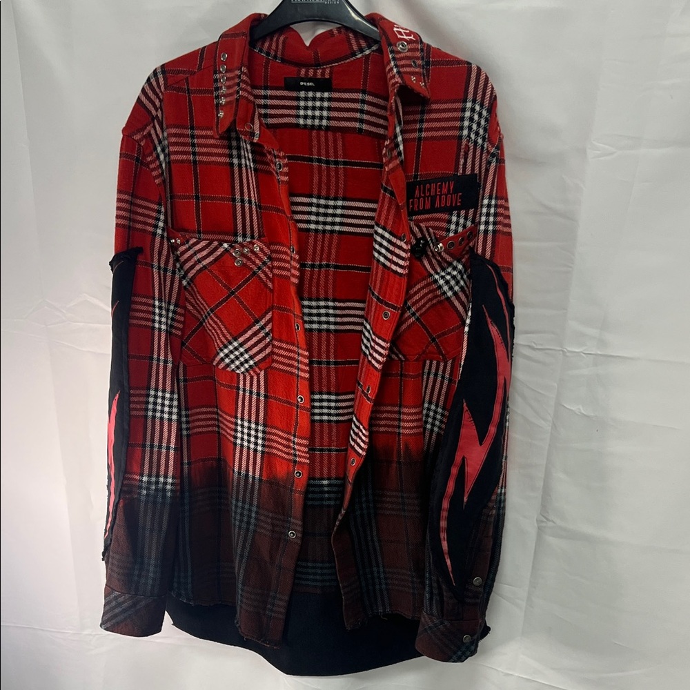 Biker Diesel Red Black Plaid Shirt Jacket with Flame Sleeve Detail
